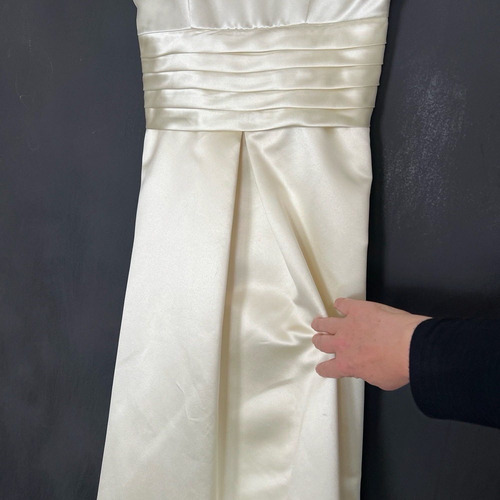 Womens Bridal Gown Cream Tea Length Satin Pleated Waist Elegant Minimalist Luxe - Picture 7 of 16